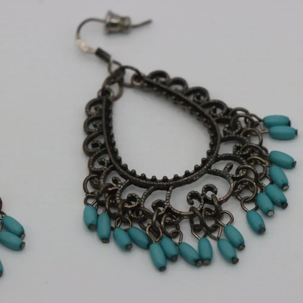 Vintage Blue Bead Dangle Earrings Dark Metal Scroll Design